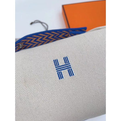 HERM Bride-a-Brac Large Case in Ecru Canvas with Blue Zigzag Motifs