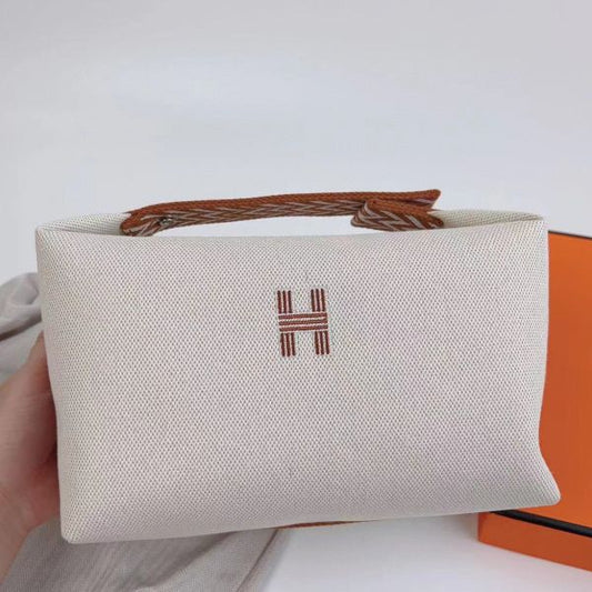 HERM Bride-a-Brac Large Case in Ecru Canvas with Brown Zigzag Motifs