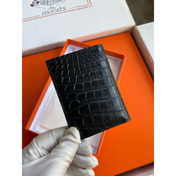 HERM MC¬≤ Euclide Card Holder in Black Matte Alligator Leather