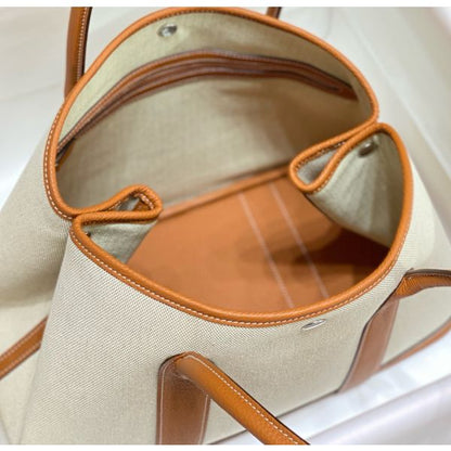 HERM Garden Party 36cm Bag in Toile and Gold Leather