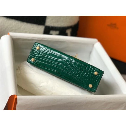 HERM Kelly Mini II Bag In Green Embossed Crocodile Leather