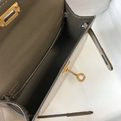 HERM Kelly Mini II Bag In Taupe Embossed Crocodile Leather