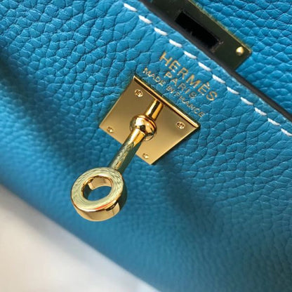 HERM Kelly 20cm Bag In Blue Jean Clemence Leather GHW