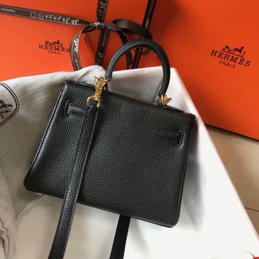 HERM Kelly 20cm Bag In Black Clemence Leather GHW