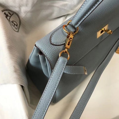HERM Kelly 25cm Retourne Bag In Blue Lin Clemence Leather