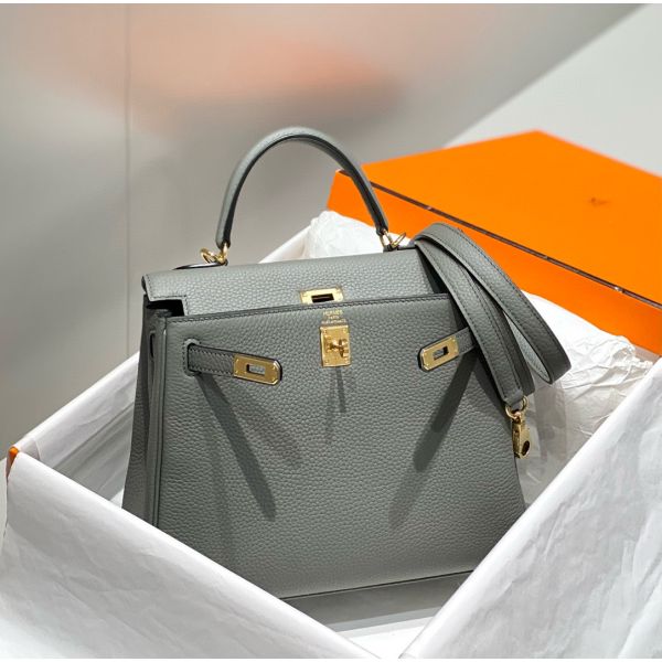 HERM Kelly 25cm Retourne Bag In Gris Meyer Clemence Leather