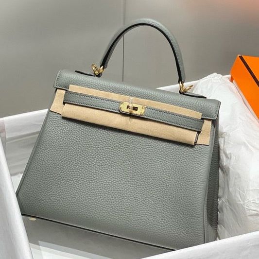 HERM Kelly 25cm Retourne Bag In Gris Meyer Clemence Leather