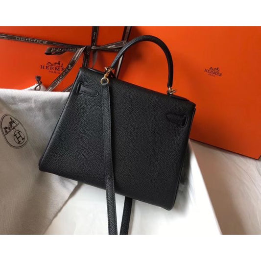 HERM Kelly 25cm Retourne Bag In Black Clemence Leather
