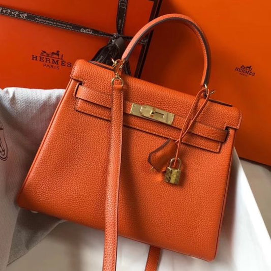 HERM Kelly 25cm Retourne Bag In Orange Clemence Leather