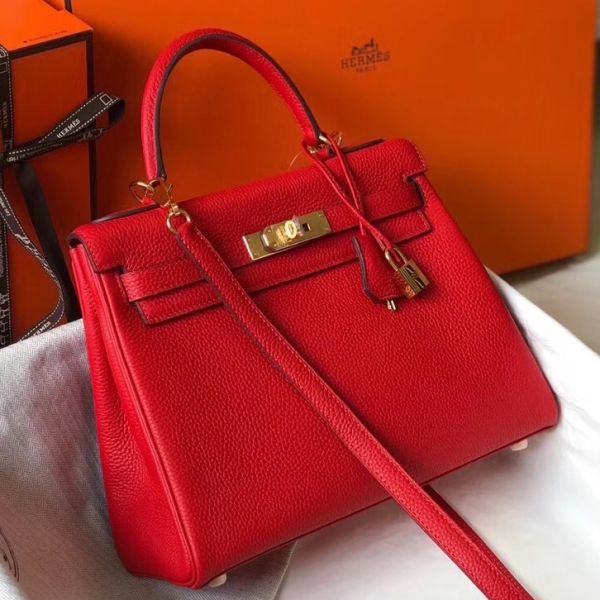 HERM Kelly 25cm Retourne Bag In Red Clemence Leather