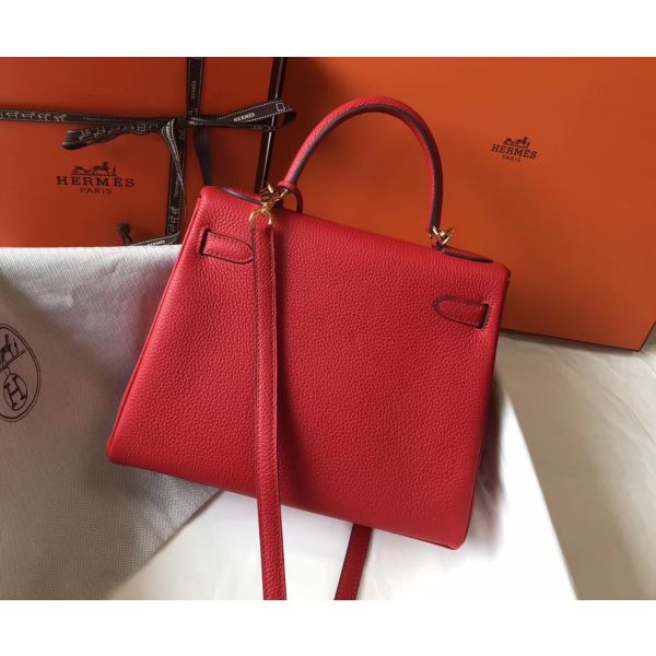 HERM Kelly 28cm Bag In Red Clemence Leather GHW
