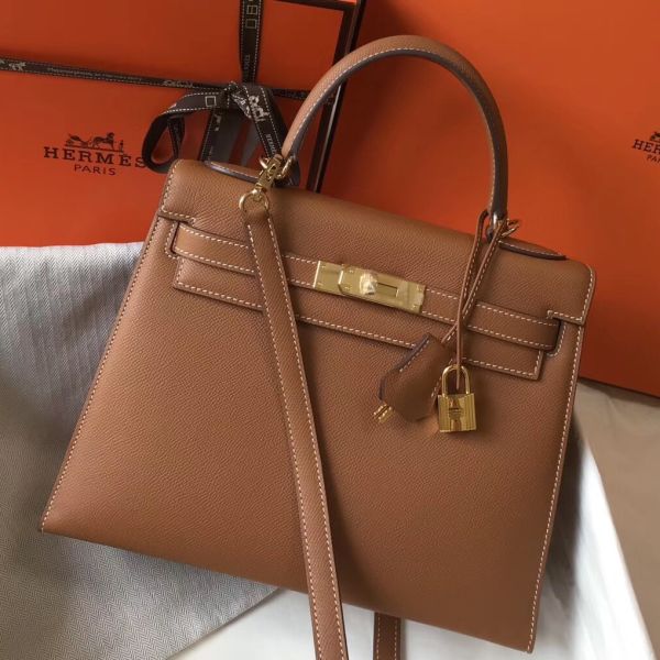 HERM Kelly 28cm Bag In Gold Epsom Leather GHW
