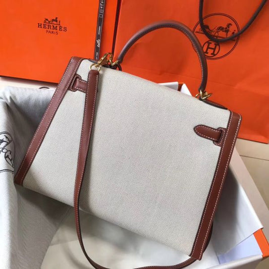 HERM Kelly 32cm Bag In Toile Canvas With Barenia Leather