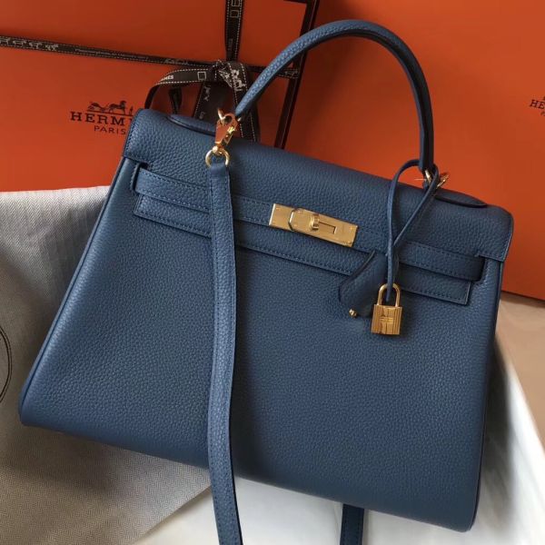 HERM Kelly 32cm Bag In Blue Agate Clemence Leather GHW