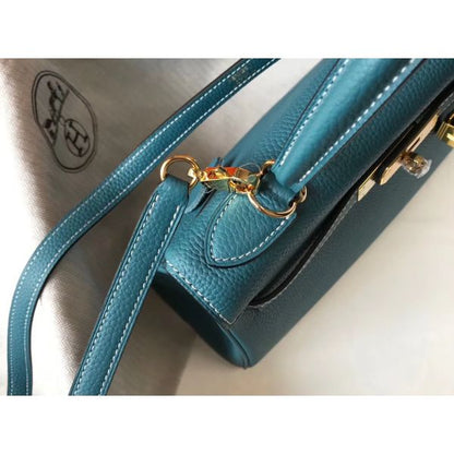 HERM Kelly 32cm Bag In Blue Jean Clemence Leather GHW