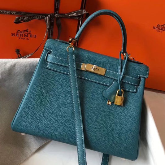 HERM Kelly 32cm Bag In Blue Jean Clemence Leather GHW