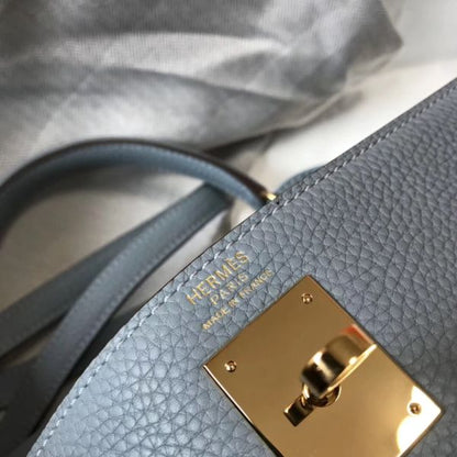 HERM Kelly 32cm Bag In Blue Lin Clemence Leather GHW
