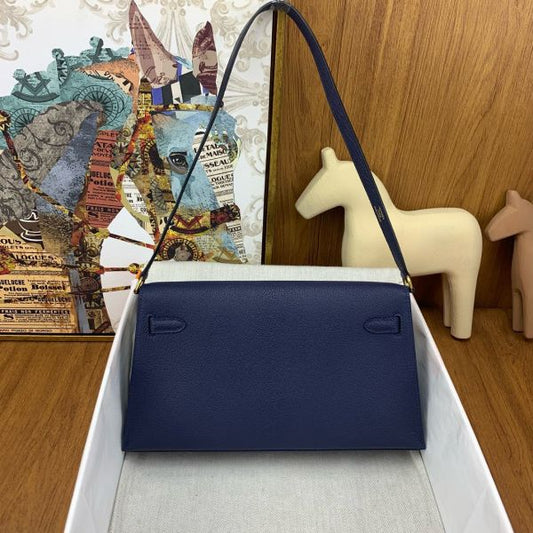 HERM Kelly Elan Handmade Bag In Blue Saphir Chevre Mysore Leather