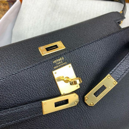 HERM Kelly Elan Handmade Bag In Black Chevre Mysore Leather