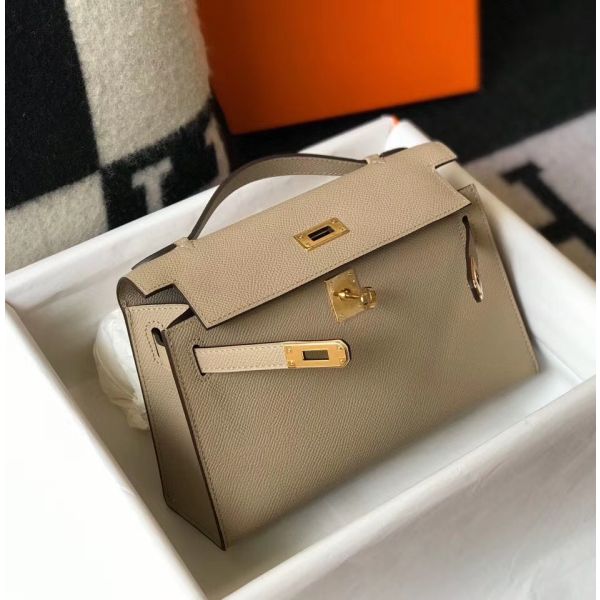 HERM Kelly Pochette Bag In Gris Tourterelle Epsom Leather