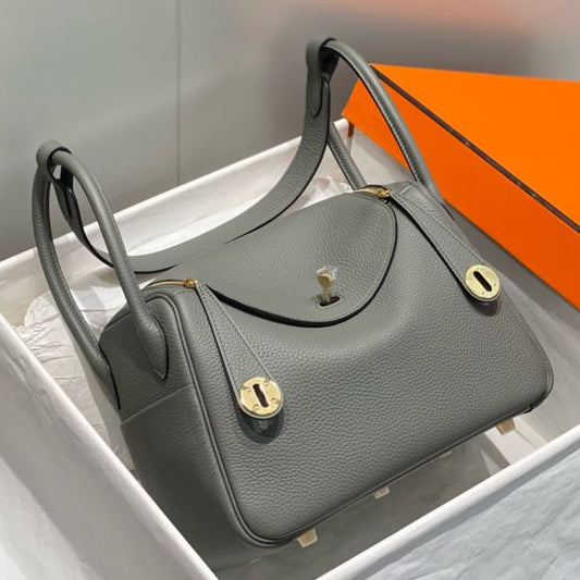HERM Lindy 26cm Bag In Gris Meyer Clemence Leather GHW