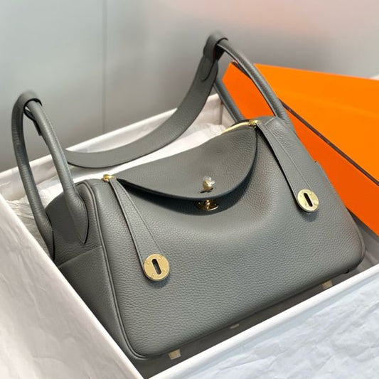 HERM Lindy 30cm Bag In Gris Meyer Clemence Leather GHW