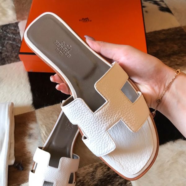HERM Oran Slide Sandals In White Clemence Leather