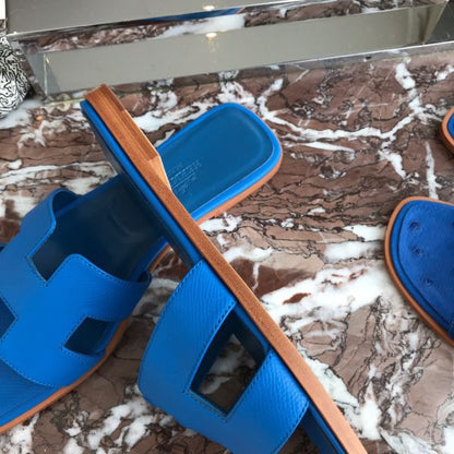 HERM Oran Slide Sandals In Blue Hydra Epsom Calfskin