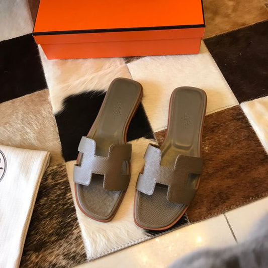 HERM Oran Slide Sandals In Taupe Epsom Calfskin