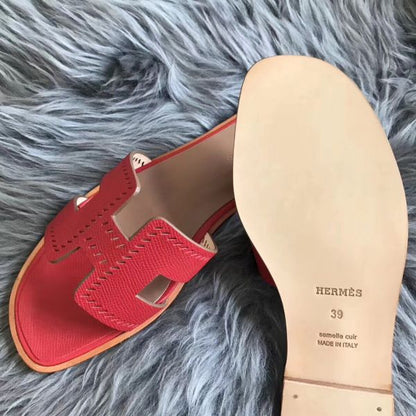 HERM Oran Perforated Sandals In Red Epsom Leather