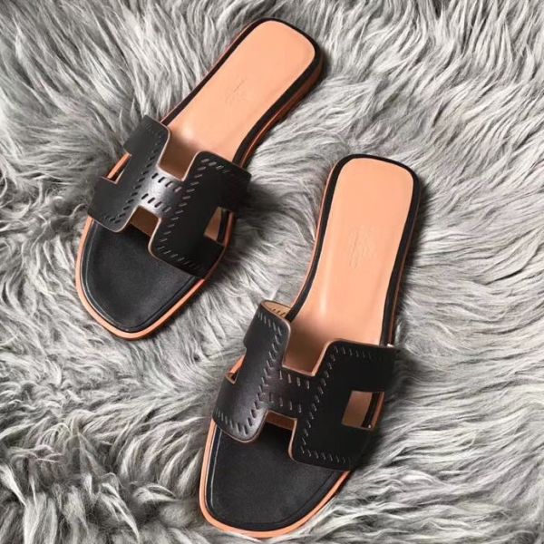 HERM Oran Perforated Sandals In Black Swift Leather
