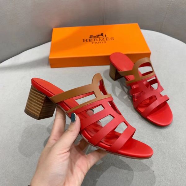 HERM Celena Sandals 50mm In Red/Brown Calfskin