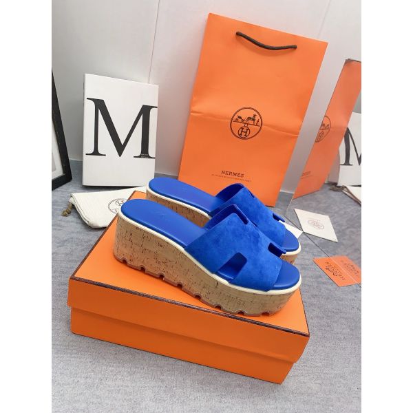 HERM Eze 30 Cork Platform Sandals in Blue Suede Leather