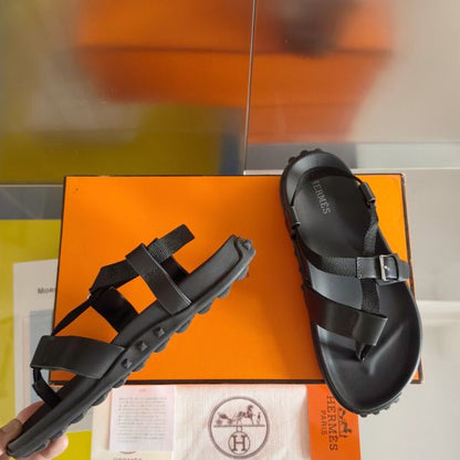 HERM Inboard Sandals in Black Leather and Ribbon