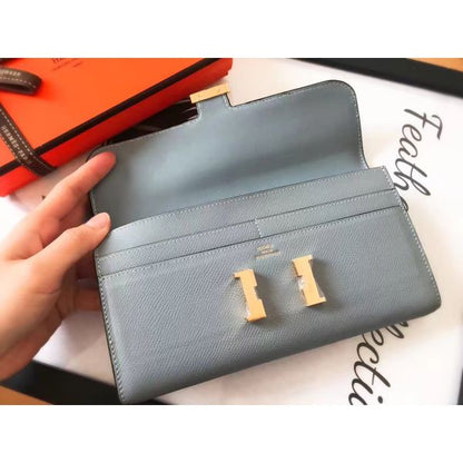 HERM Constance Long Wallet In Blue Lin Epsom Leather