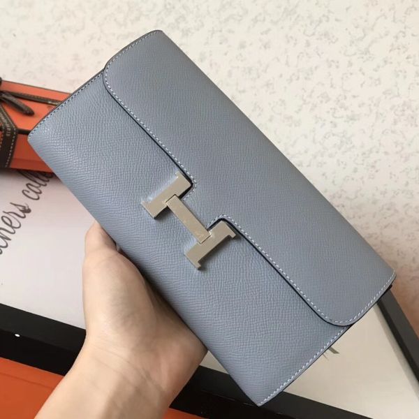 HERM Constance Long Wallet In Blue Lin Epsom Leather