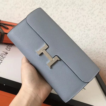 HERM Constance Long Wallet In Blue Lin Epsom Leather