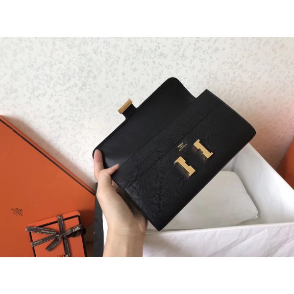 HERM Constance Long Wallet In Black Epsom Leather