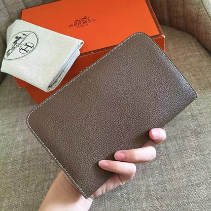 HERM Dogon Duo Wallet In Taupe Clemence Leather