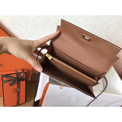 HERM Kelly Classic Long Wallet In Brown Epsom Leather
