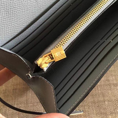 HERM Kelly Classic Long Wallet In Ciel Epsom Leather