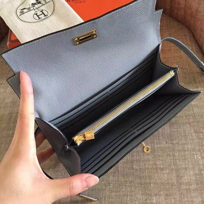 HERM Kelly Classic Long Wallet In Ciel Epsom Leather