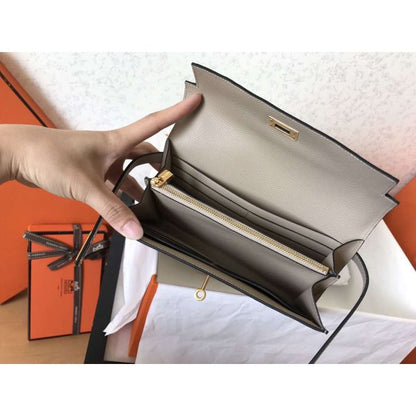 HERM Kelly Classic Long Wallet In Grey Epsom Leather
