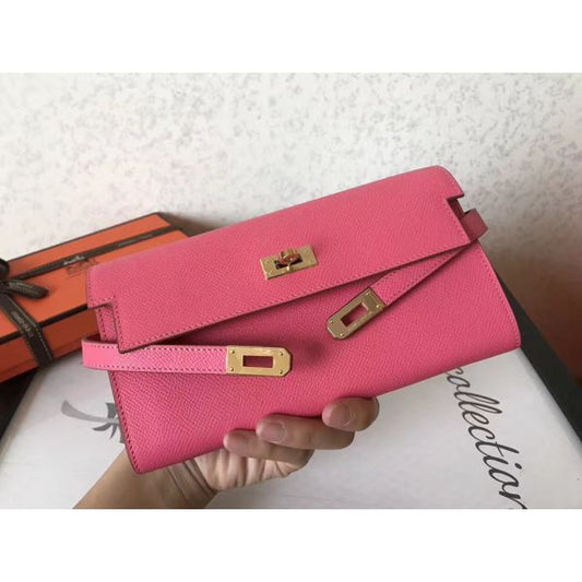 HERM Kelly Classic Long Wallet In Pink Epsom Leather