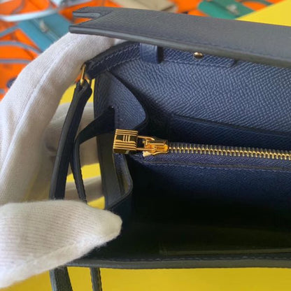 HERM Kelly Classique To Go Wallet In Dark Blue Epsom Calfskin