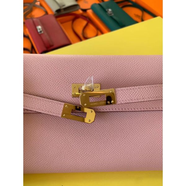 HERM Kelly Classique To Go Wallet In Pink Epsom Calfskin