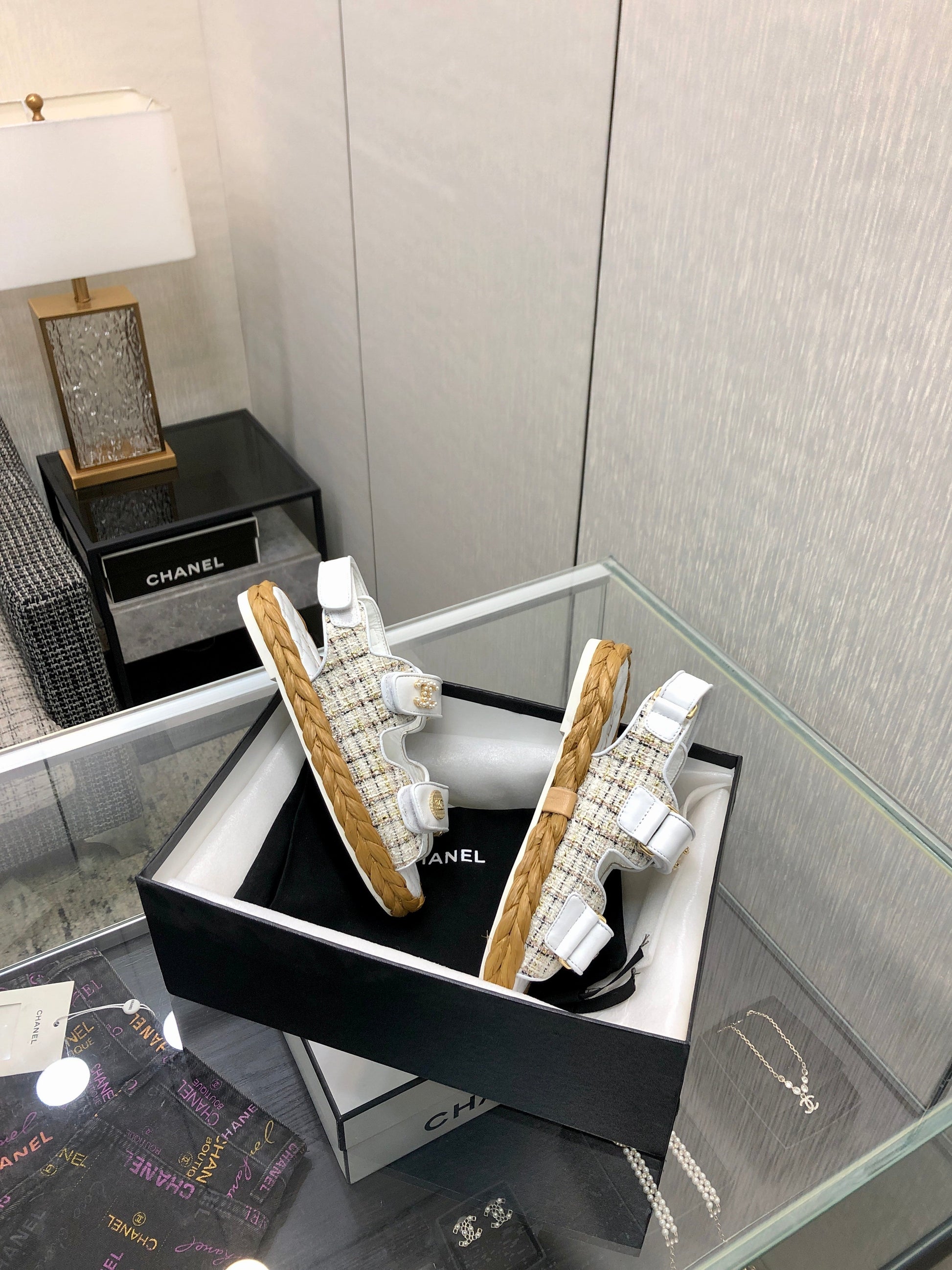 VELCRO SANDALS IN WHITE LAMBSKIN AND TWEED FABRIC