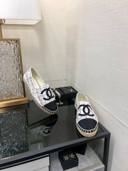 ESPADRILLE WHITE MIX BLACK TWEED FABRIC FLATS