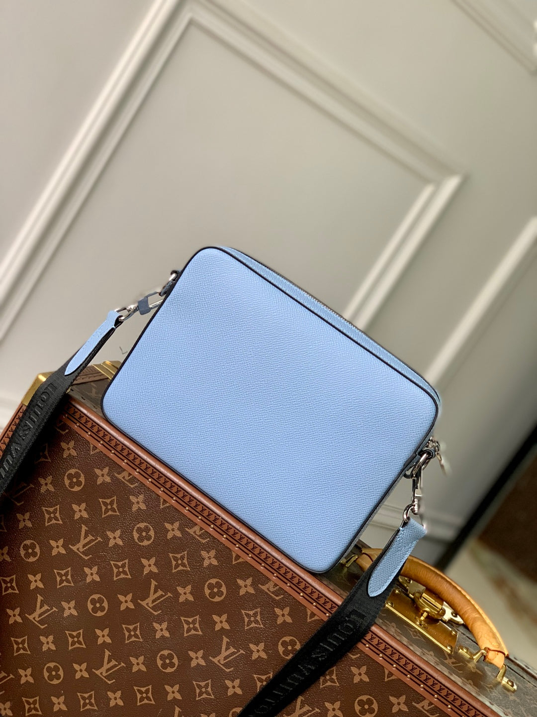 TRIO MESSENGER BAG 25 IN BLUE MONOGRAM COATED CANVAS AND CALFSKIN