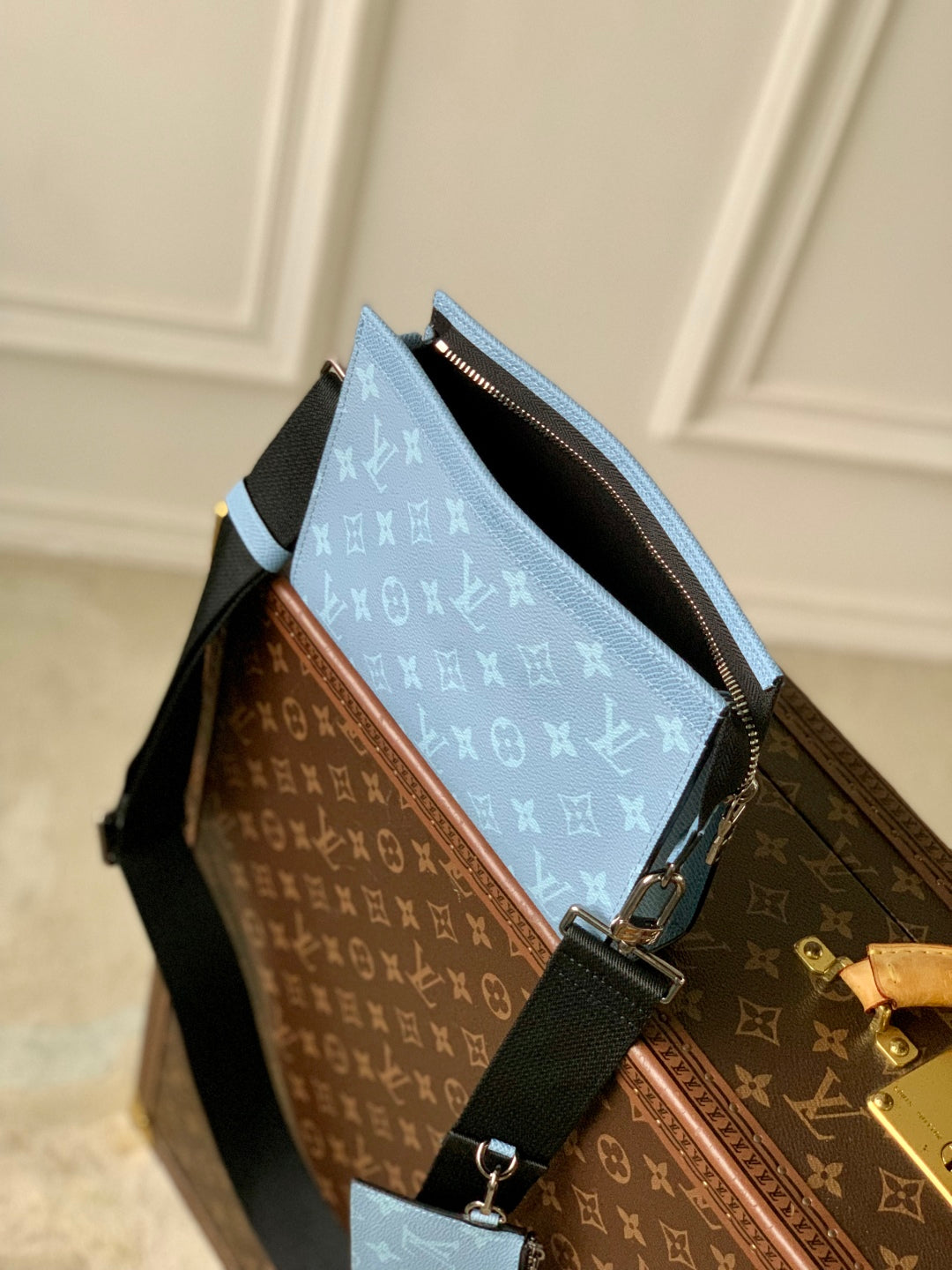 GASTON WEARABLE WALLET 22 IN BLUE MONOGRAM COATED CANVAS